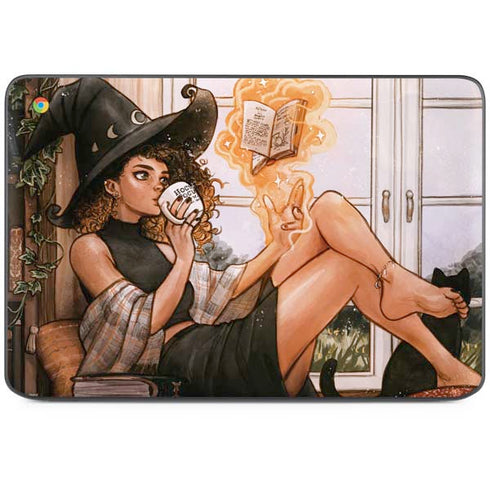 Cozy Autumn Library Witch with Cat and Coffee by Ivy Dolamore HP Chromebook Skin