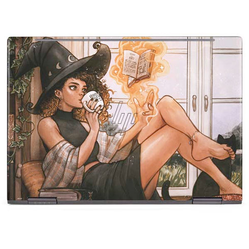 Cozy Autumn Library Witch with Cat and Coffee by Ivy Dolamore HP Envy Skin