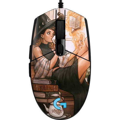 Cozy Autumn Library Witch with Cat and Coffee by Ivy Dolamore G203 Prodigy RGB Wired Gaming Mouse Skin