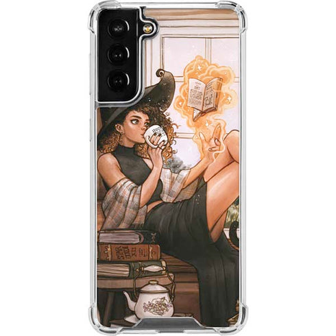 Cozy Autumn Library Witch with Cat and Coffee by Ivy Dolamore Galaxy S21 FE Clear Case