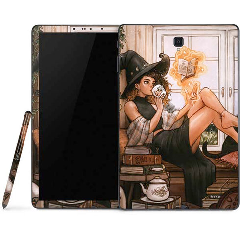 Cozy Autumn Library Witch with Cat and Coffee by Ivy Dolamore Samsung Galaxy Tab Skin