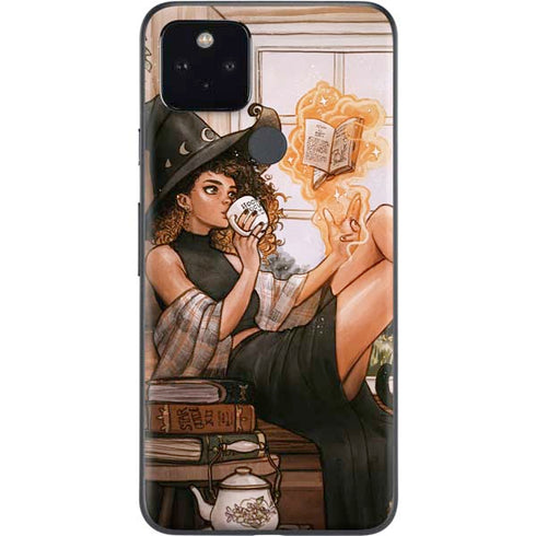 Cozy Autumn Library Witch with Cat and Coffee by Ivy Dolamore Google Pixel 5a Skin