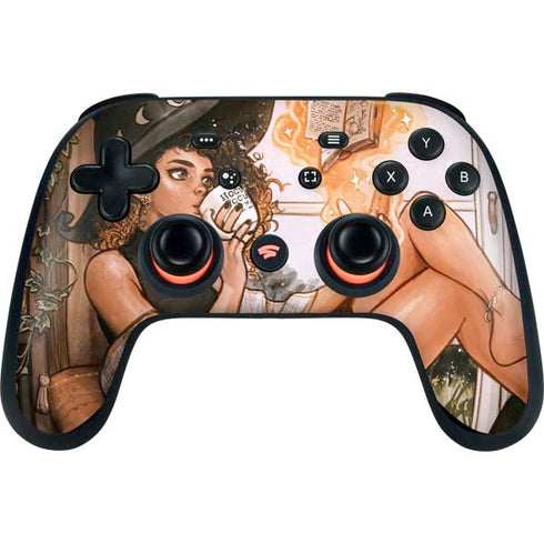 Cozy Autumn Library Witch with Cat and Coffee by Ivy Dolamore Google Stadia Controller Skin