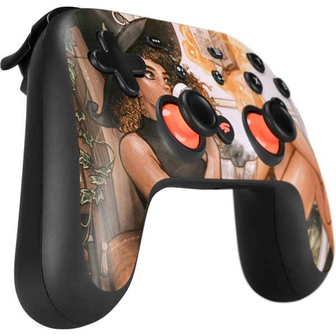 Cozy Autumn Library Witch with Cat and Coffee by Ivy Dolamore Google Stadia Controller Skin