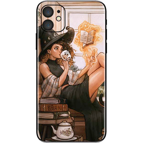 Cozy Autumn Library Witch with Cat and Coffee by Ivy Dolamore iPhone 11 Skin