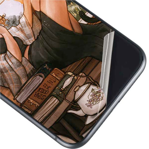 Cozy Autumn Library Witch with Cat and Coffee by Ivy Dolamore iPhone 11 Skin