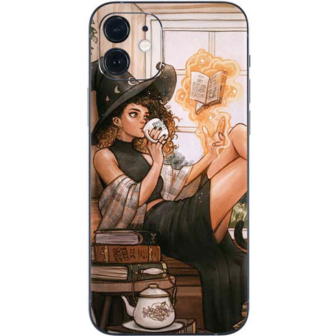 Cozy Autumn Library Witch with Cat and Coffee by Ivy Dolamore iPhone 12 Mini Skin