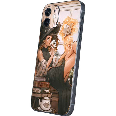 Cozy Autumn Library Witch with Cat and Coffee by Ivy Dolamore iPhone 12 Skin