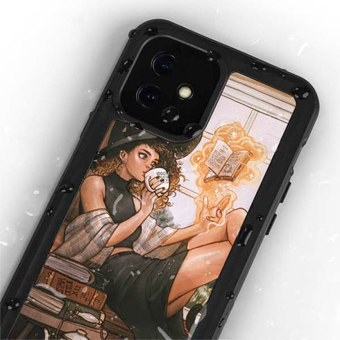 Cozy Autumn Library Witch with Cat and Coffee by Ivy Dolamore iPhone 12 Waterproof Case