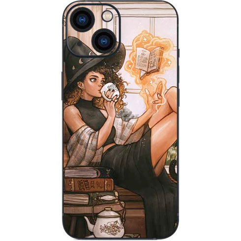 Cozy Autumn Library Witch with Cat and Coffee by Ivy Dolamore iPhone 13 Mini Skin