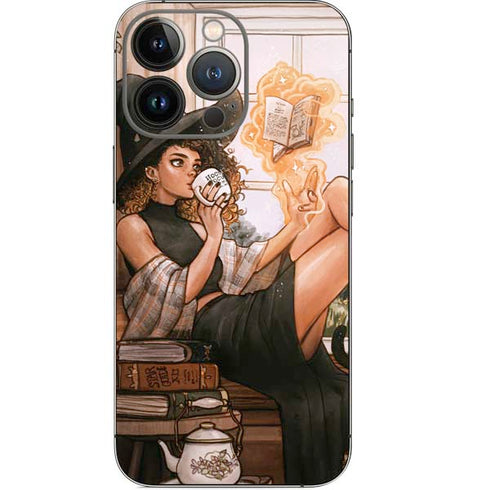 Cozy Autumn Library Witch with Cat and Coffee by Ivy Dolamore iPhone 14 Pro Skin