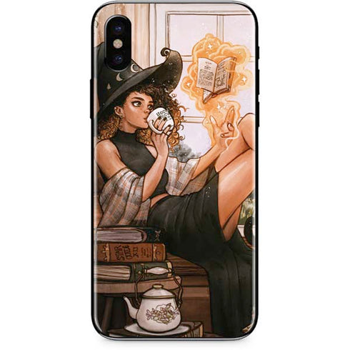 Cozy Autumn Library Witch with Cat and Coffee by Ivy Dolamore iPhone X Skin
