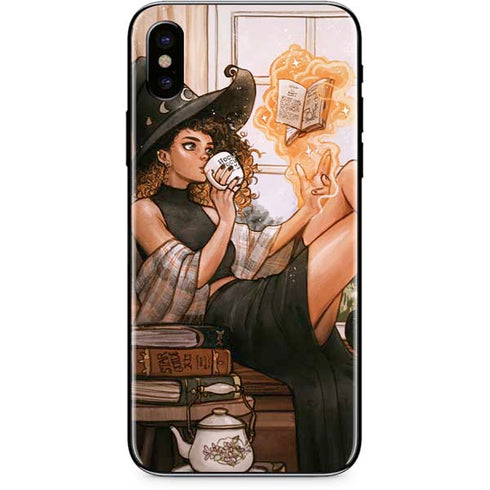 Cozy Autumn Library Witch with Cat and Coffee by Ivy Dolamore iPhone XS Skin