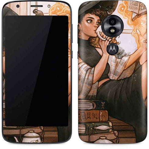 Cozy Autumn Library Witch with Cat and Coffee by Ivy Dolamore Moto E5 Play Skin