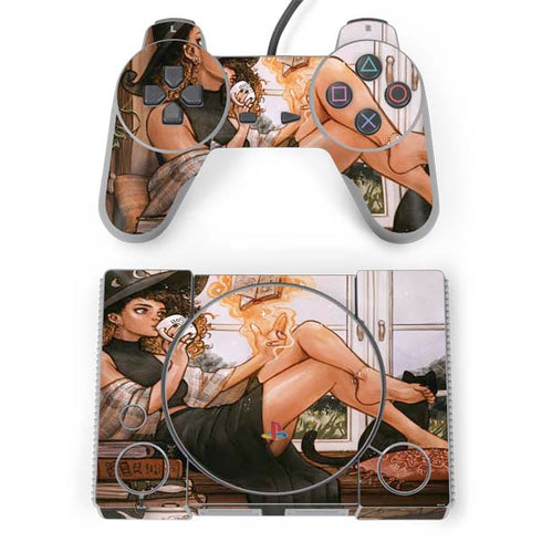 Cozy Autumn Library Witch with Cat and Coffee by Ivy Dolamore PlayStation Classic Bundle Skin