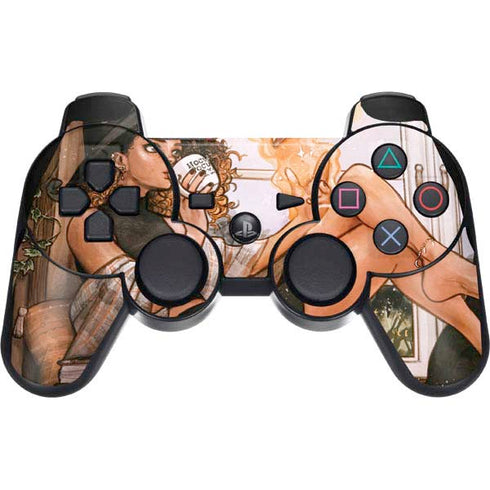 Cozy Autumn Library Witch with Cat and Coffee by Ivy Dolamore PS3 Dual Shock wireless controller Skin