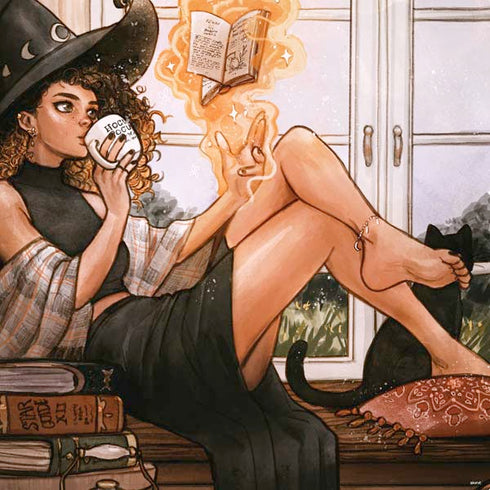Cozy Autumn Library Witch with Cat and Coffee by Ivy Dolamore PS4 Console and Controller Bundle Skin
