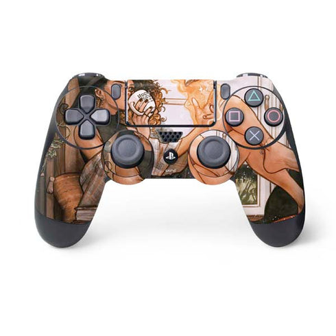 Cozy Autumn Library Witch with Cat and Coffee by Ivy Dolamore PS4 Controller Skin