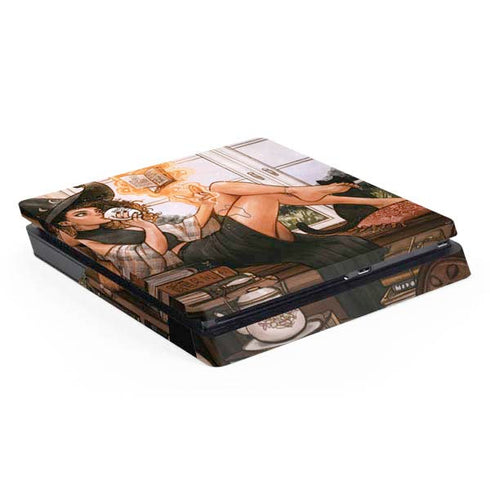 Cozy Autumn Library Witch with Cat and Coffee by Ivy Dolamore PS4 Slim Skin