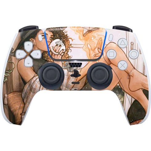 Cozy Autumn Library Witch with Cat and Coffee by Ivy Dolamore PS5 Controller Skin