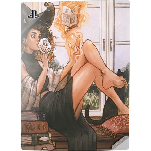 Cozy Autumn Library Witch with Cat and Coffee by Ivy Dolamore PS5 Digital Edition Console Skin