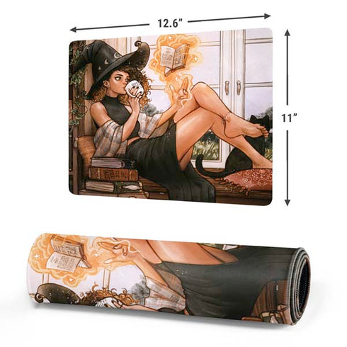 Cozy Autumn Library Witch with Cat and Coffee by Ivy Dolamore Gaming Mouse Pad