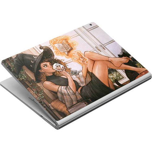 Cozy Autumn Library Witch with Cat and Coffee by Ivy Dolamore Surface Book Skin