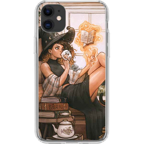 Cozy Autumn Library Witch with Cat and Coffee by Ivy Dolamore iPhone 11 Clear Case