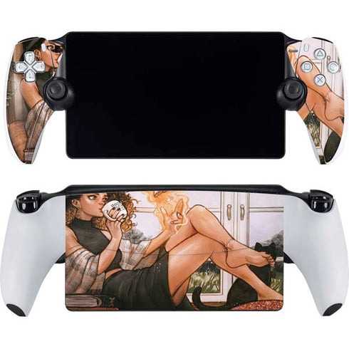 Cozy Autumn Library Witch with Cat and Coffee by Ivy Dolamore PlayStation Portal Remote Player Skin