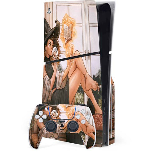 Cozy Autumn Library Witch with Cat and Coffee by Ivy Dolamore PS5 Slim Disk Bundle Skin