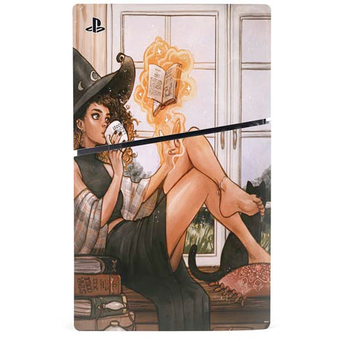 Cozy Autumn Library Witch with Cat and Coffee by Ivy Dolamore PS5 Slim Disk Console Skin
