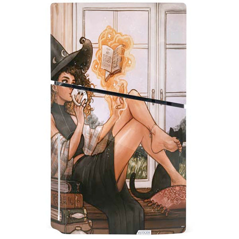Cozy Autumn Library Witch with Cat and Coffee by Ivy Dolamore PS5 Slim Disk Console Skin