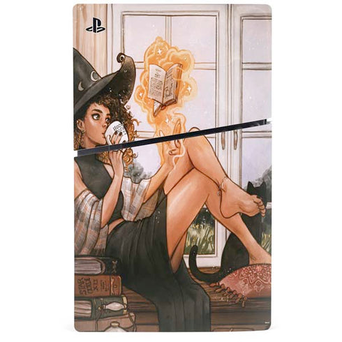 Cozy Autumn Library Witch with Cat and Coffee by Ivy Dolamore PS5 Slim Digital Edition Bundle Skin