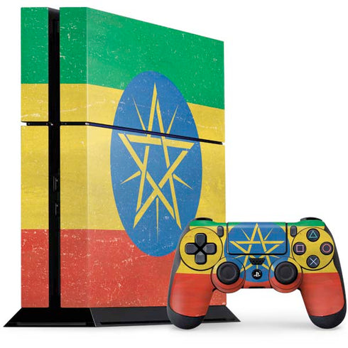 Ethiopia Flag Distressed PS4 Console and Controller Bundle Skin