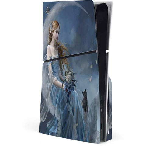 Fairy with Black Cat Sitting on Moon by Nene Thomas PS5 Slim Disk Console Skin