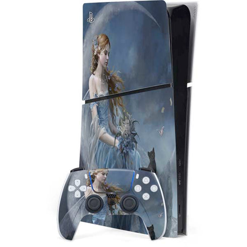 Fairy with Black Cat Sitting on Moon by Nene Thomas PS5 Slim Digital Edition Bundle Skin