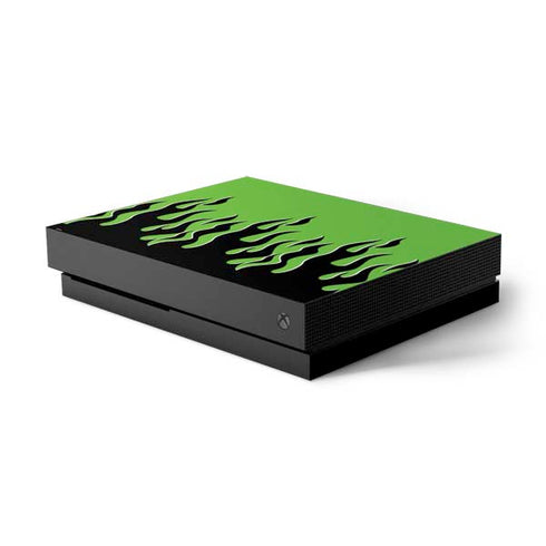 Green Flames Xbox One X Console Skin