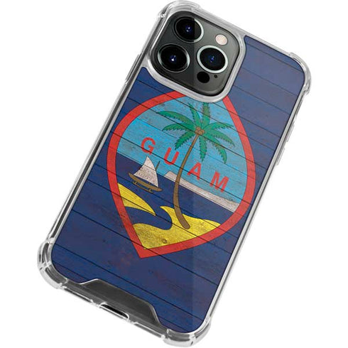 Guam Flag Dark Wood iPhone 14 Pro Clear Case