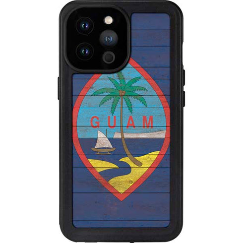 Guam Flag Dark Wood iPhone 14 Pro Max Waterproof Case