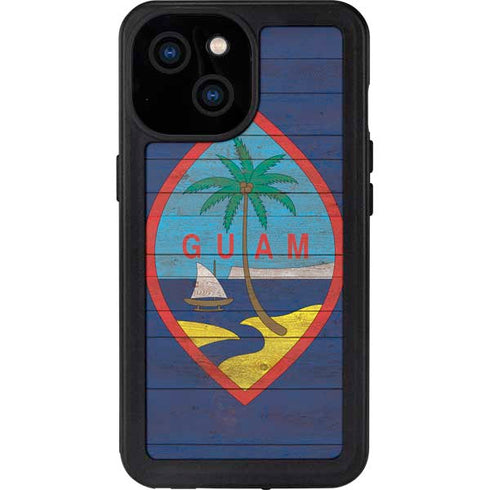 Guam Flag Dark Wood iPhone 15 Waterproof Case