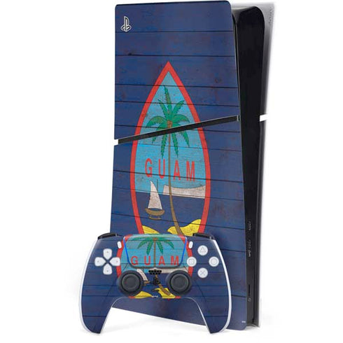 Guam Flag Dark Wood PS5 Slim Digital Edition Console Skin