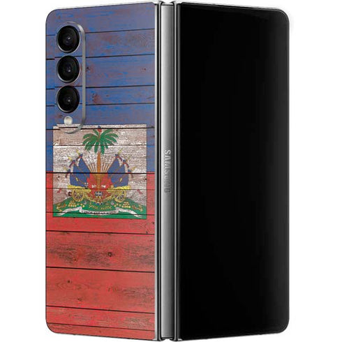 Haiti Flag Dark Wood Galaxy Z Fold4 5G Skin