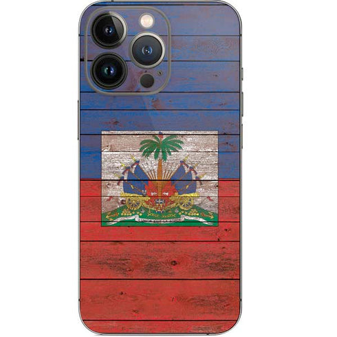 Haiti Flag Dark Wood iPhone 13 Pro Skin