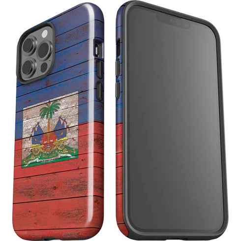 Haiti Flag Dark Wood iPhone 14 Pro Max Impact Case