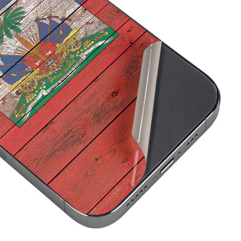 Haiti Flag Dark Wood iPhone 14 Pro Skin