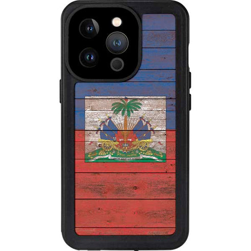 Haiti Flag Dark Wood iPhone 14 Pro Waterproof Case