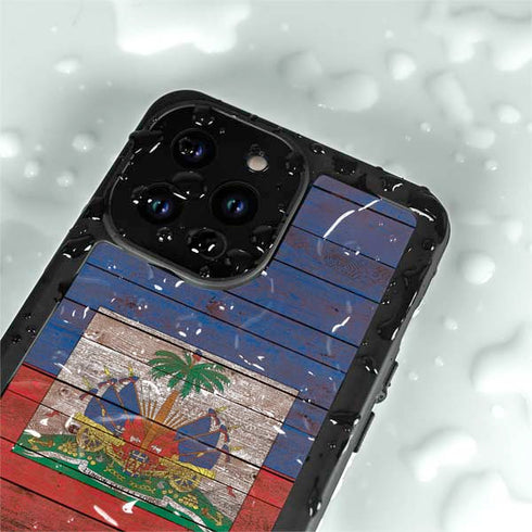 Haiti Flag Dark Wood iPhone 14 Pro Waterproof Case