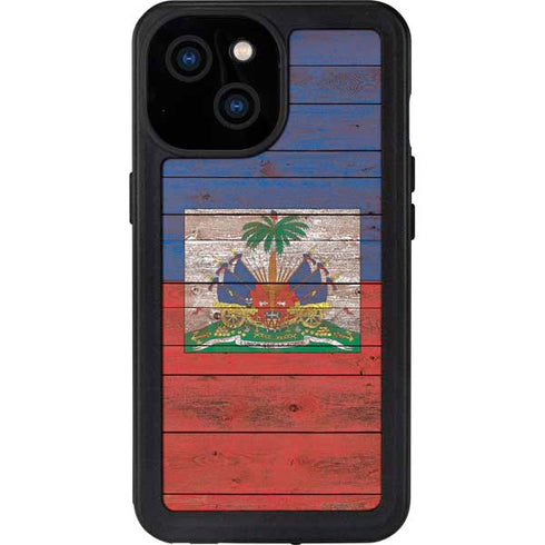Haiti Flag Dark Wood iPhone 15 Waterproof Case
