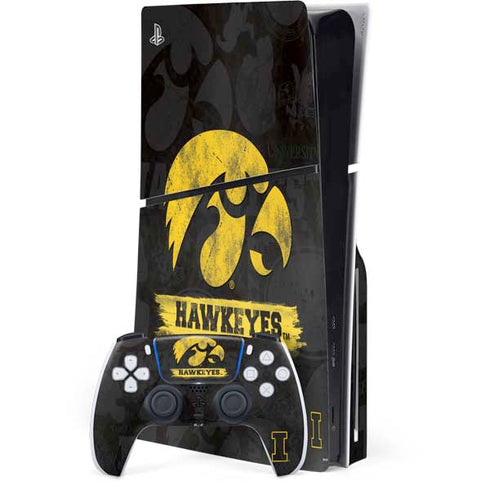 University of Iowa Hawkeyes Distressed Logo PS5 Slim Disk Bundle Skin