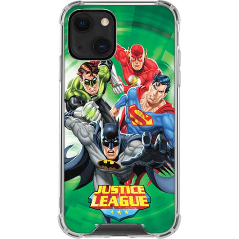 Justice League Team Power Up Green iPhone 14 Plus Clear Case